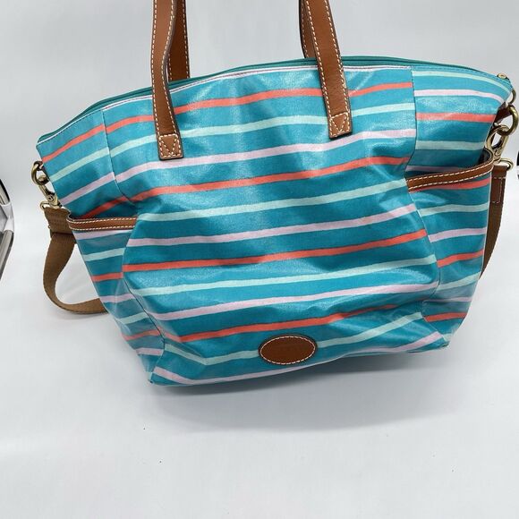 Fossil Stripe Coated Canvas Large Tote Bag Crossbody Strap Multicolor Beach Bag - Picture 2 of 9